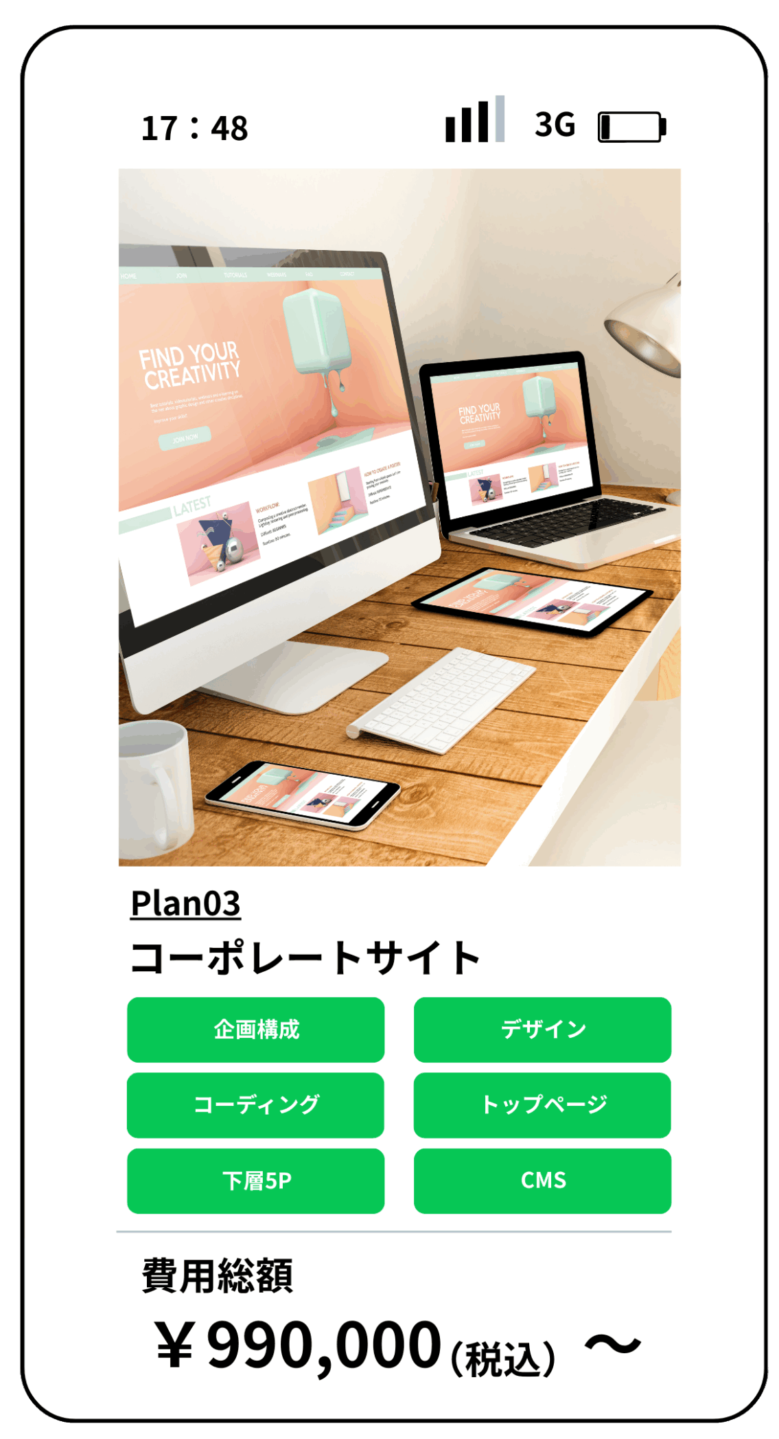 パソコンとスマートフォンに表示されたコーポレートサイトのデザイン。5ページ構成で、企画構成・デザイン・コーディング・トップページ・下層ページ・CMSを含み、料金は99万円（税込）から。
