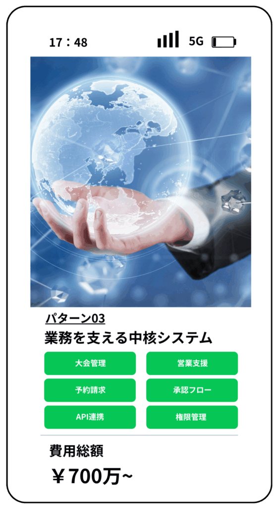 ビジネスマンの手の上に表示される透明な地球儀のCG。大会管理、営業支援、予約請求、承認フロー、API連携、権限管理などの高機能な業務システムを提供。価格は700万円から。