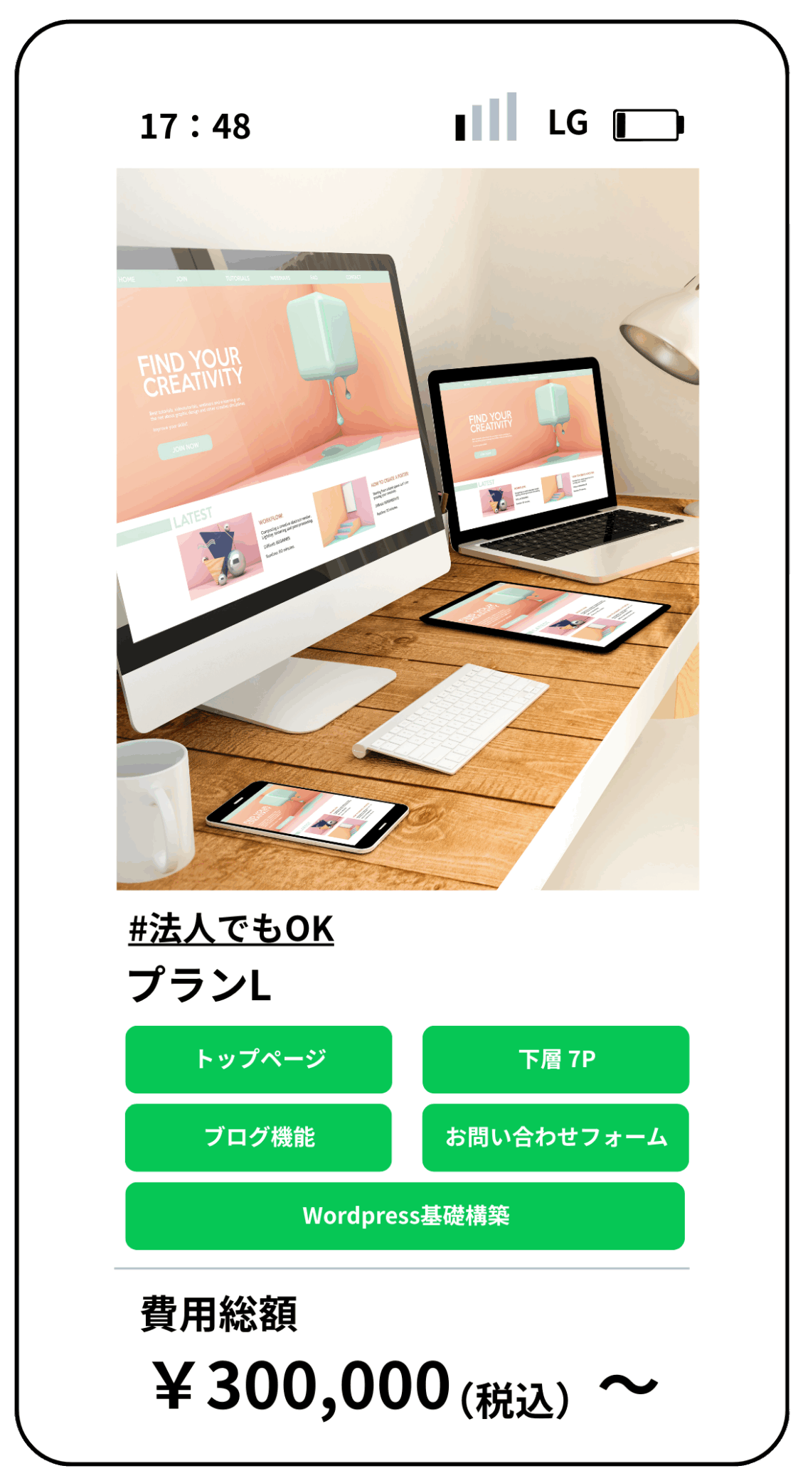 クリエイティブなデザインが表示されたマルチデバイス環境。プランLはトップページ、下層7ページ、ブログ機能、お問い合わせフォーム、WordPress基礎構築を含み、税込30万円から。